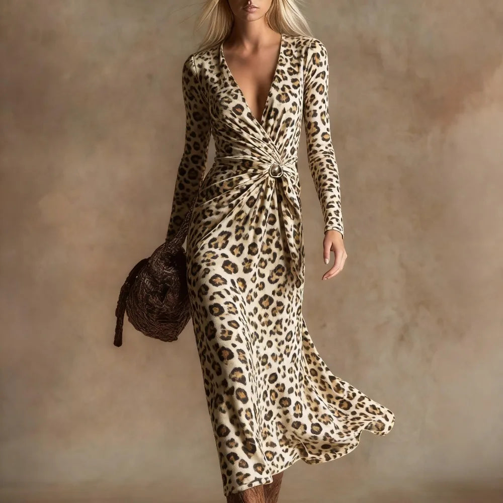 Sexy Leopard Print Velvet Maxi Dress Women Long Sleeve V Neck Twist Front Elegant Cocktail Party Dress Vacation Evening Dress