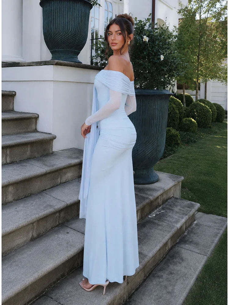 Sexy Slash Neck Mesh Long Sleeve Patchwork Maxi Dress Women Light Blue Off Shoulder Tie Ruched Slim Dresses Evening Party Gowns