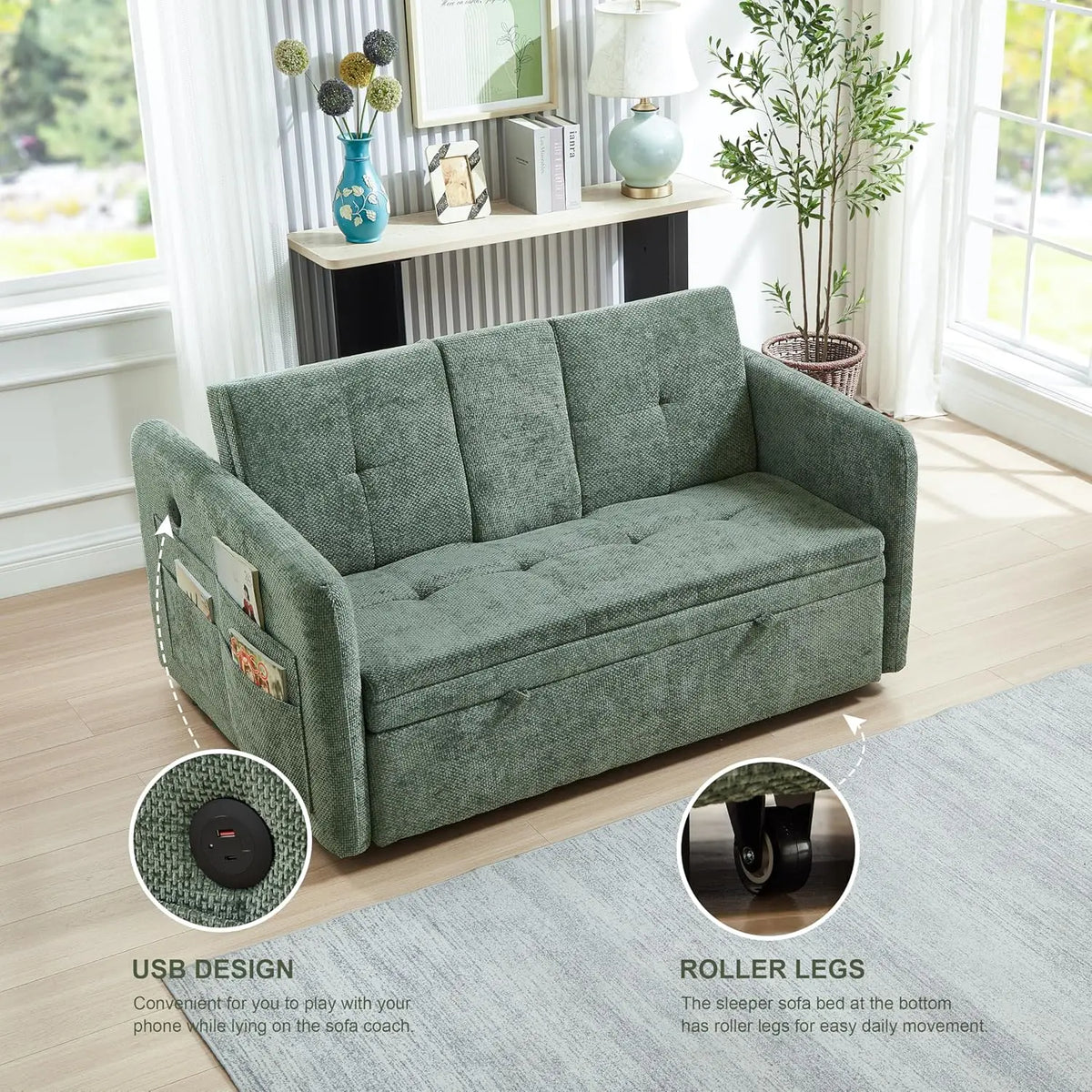 57.48' Convertible Sofa Bed with Cup Holder, Pull Out Sleeper Sofa Bed with USB Charging Ports | Kimlud Luxury Sofa