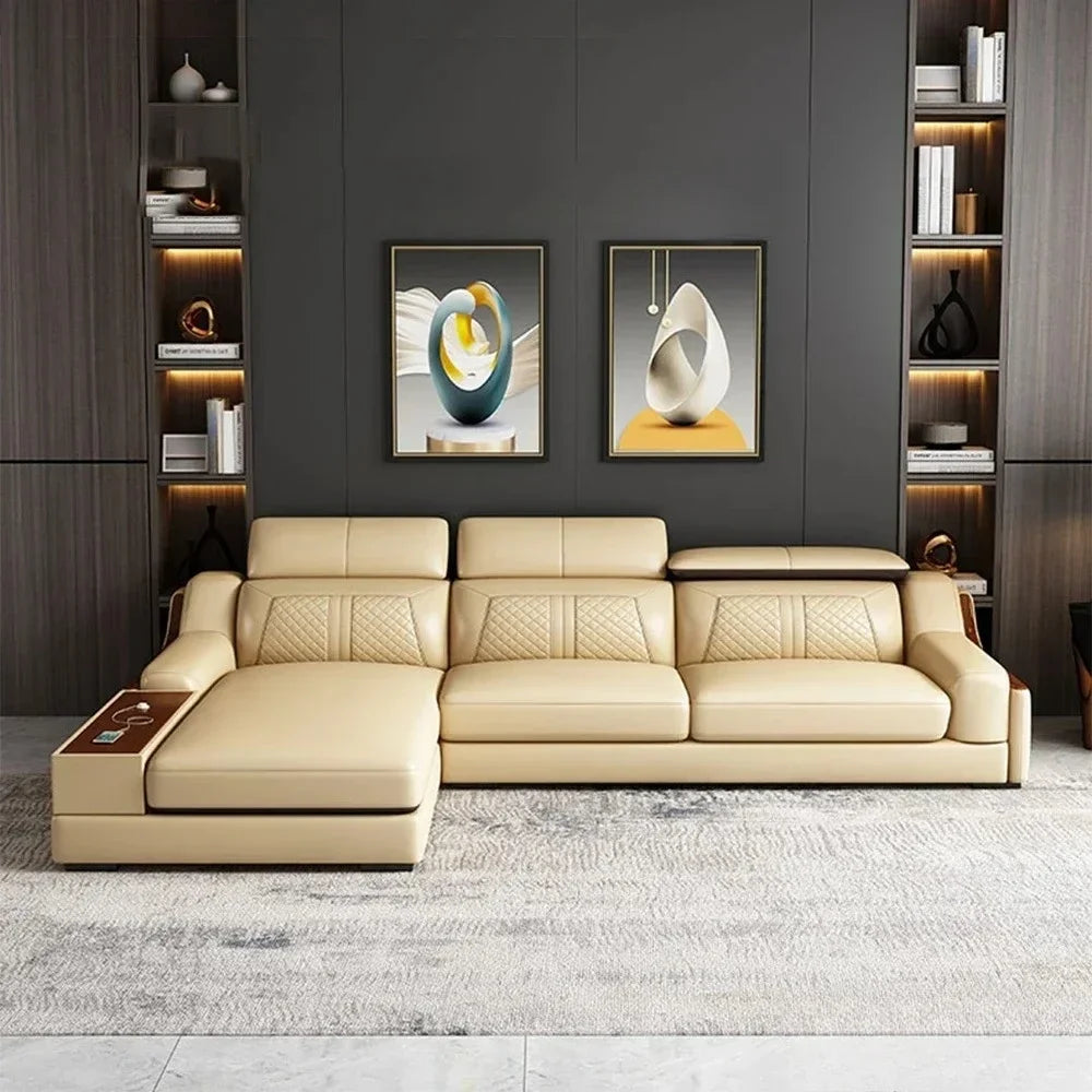Stylish Italian Genuine Leather Sofa for Living Room with Cup Holder, USB, Adjustable Headrests & Bluetooth Speaker -...