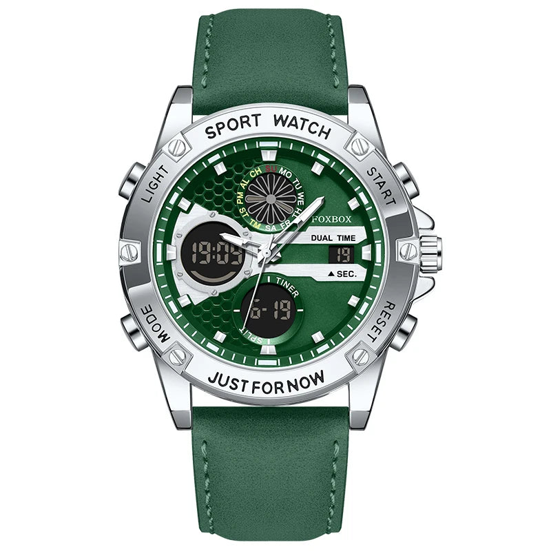 FOXBOX Fashion Men's Luxury Watch Leather Strap Quartz Watches Business Dual Display Waterproof Date Chronograph Man Watch+Box - Kimlud