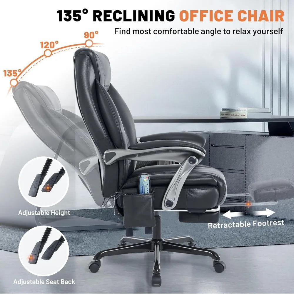 Reclining Office Chair with Massage & Heat & Footrest, 6-Point Vibrations, Ergonomic Executive Computer Desk Chair with Padded S