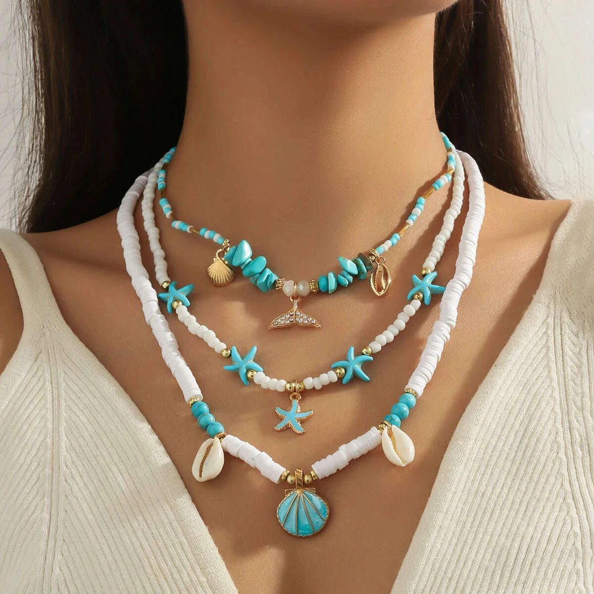 Bohemain Vintage Shell Starfish Multi Layered Necklace for Women Ethnic Handmade Fish Tail Beads Necklace Summer Jewelry Gifts