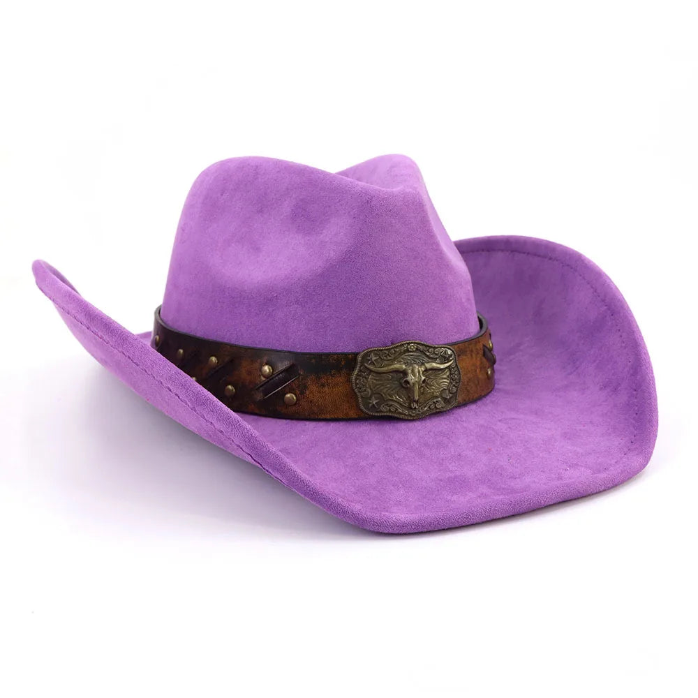 Western Big Brim Cowboy Hat Bull's Head Leather Band Suede Top Hat Outdoor Mens Hats Ladies Party Horse Riding Cowgirl...