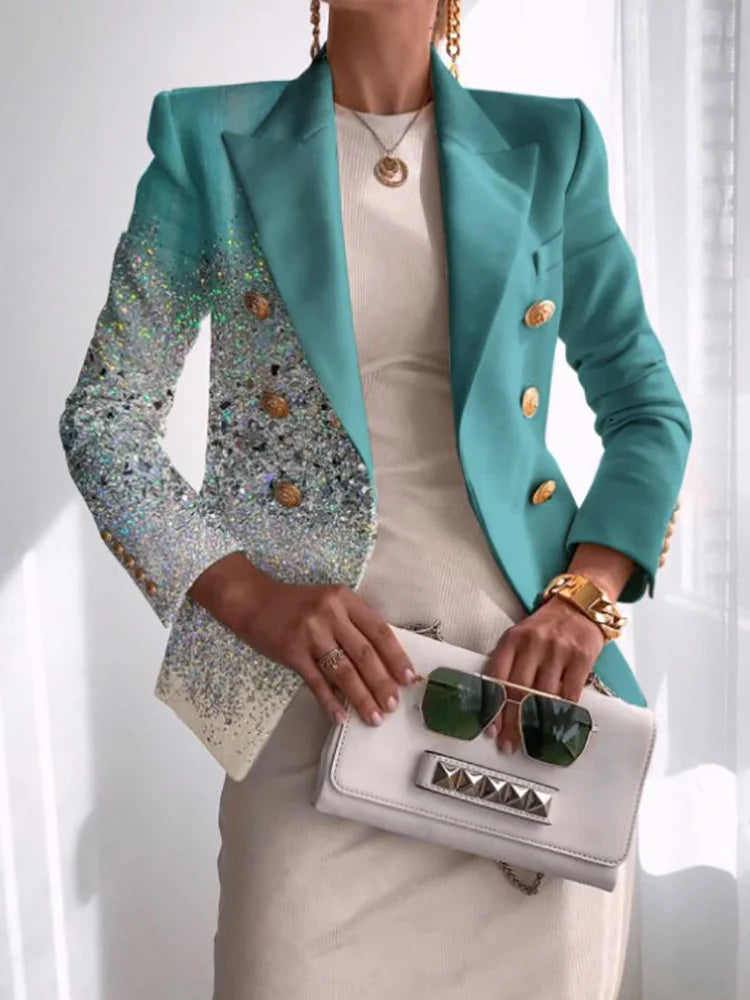 Long Sleeve Button Patchwork Simple Outerwear, Women Spring Autumn Turn-Down Collar Chic Coats, New Print Fashion Ladies Blazers