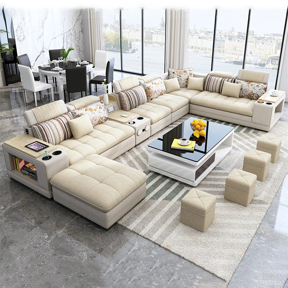 MINGDIBAO Nordic Fabric Sofa Set with Bluetooth Speaker & USB - Modern Living Room Modular Sofas Big U Shape Corner Cloth Couch - Kimlud