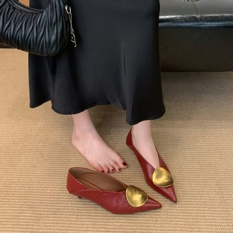 2025All-match Gold Pointed-toe Metal Buckle Single Shoes Women Wear Light-heeled Small Leather Shoes Twice in Summer