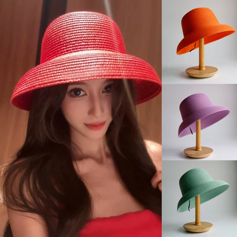 New Summer Sun Hats Ladies Solid Plain Elegant Wide Brim Hat Female Round Top Panama Floppy Straw Beach Hat Women |...