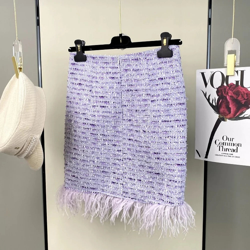 High Quality Elegant Violets Tweed Women Set Single-breasted Feather Beaded Tassel Jacket & High Waist Shorts Suit Fashion Party