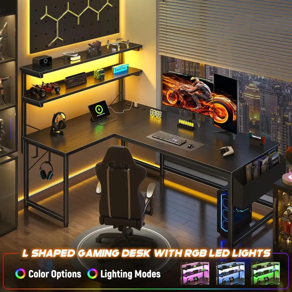 LED-lit 43.3 L-Shaped Gaming Desk with Power Outlet, Storage, and Hook for Home or Office | Kimlud Luxury Home
