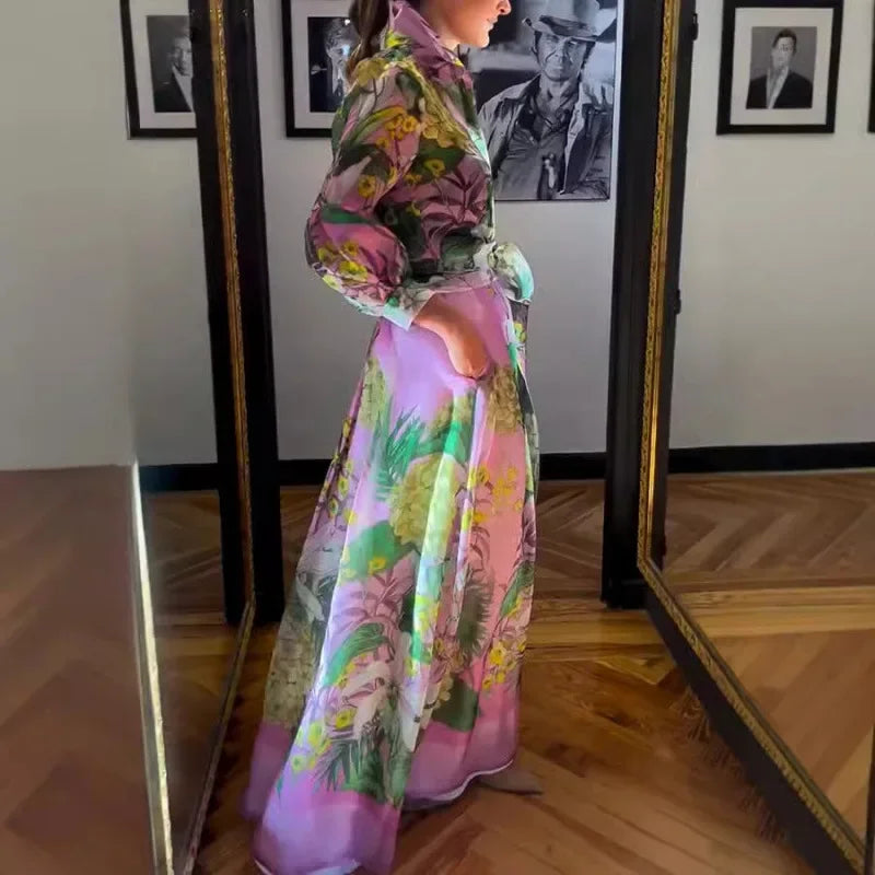 Elegant Floral Print Dress 2 Piece Skirt Suits Women Summer Long Sleeve Shirts Blouse Flower Dress Outfits Beach Holiday Dresses