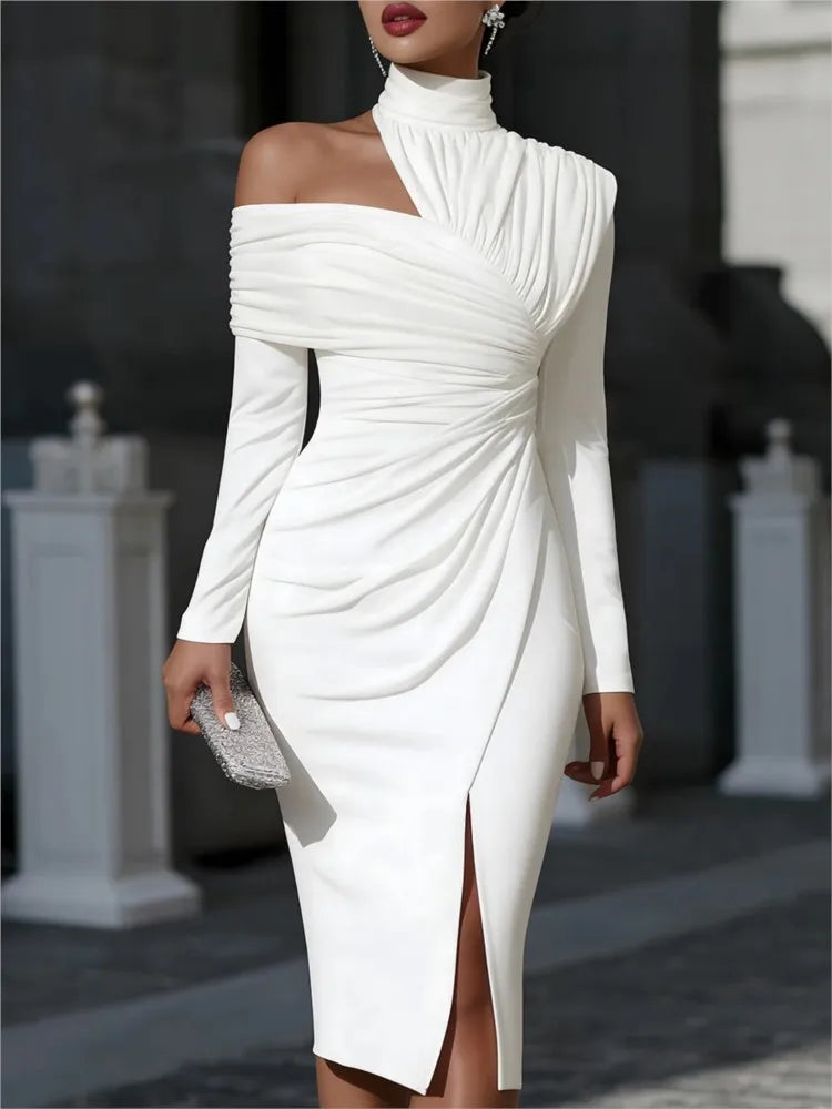 Sexy Off-shoulder Half-high Collar Long-sleeved Women's Hip-covering Banquet Dress Fashion Pleated Slimel Egant Female SlitDress - Kimlud
