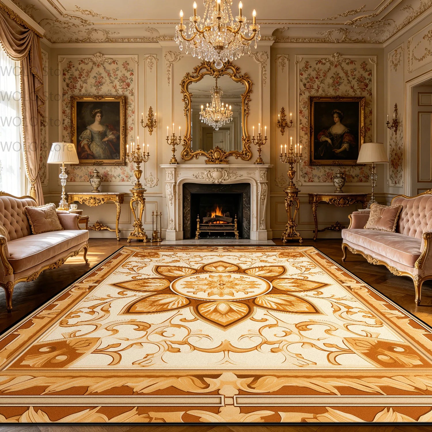 Luxury French Rococo Style Golden Carpet for Living Room Decoration Home Large Area Rugs Dining Room Bedroom Non-slip Floor Mat