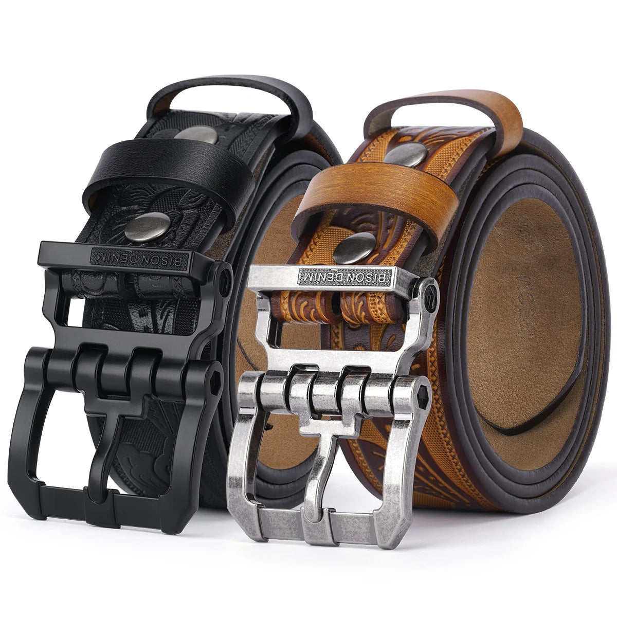 BISON DENIM Men Belts Cow Split Genuine Leather Pin Buckle Business Waist Straps Vintage Pin Buckle Fancy Male Belt For Jeans - Kimlud