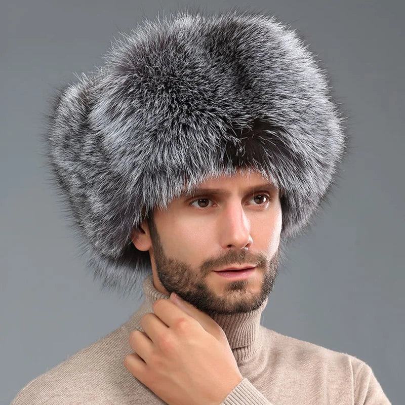 New Winter Men's 100% Real Silver Fox Fur Bomber Hat Raccoon Fur Ushanka Cap Trapper Russian Man Ski Hats Caps Real Leather Hat