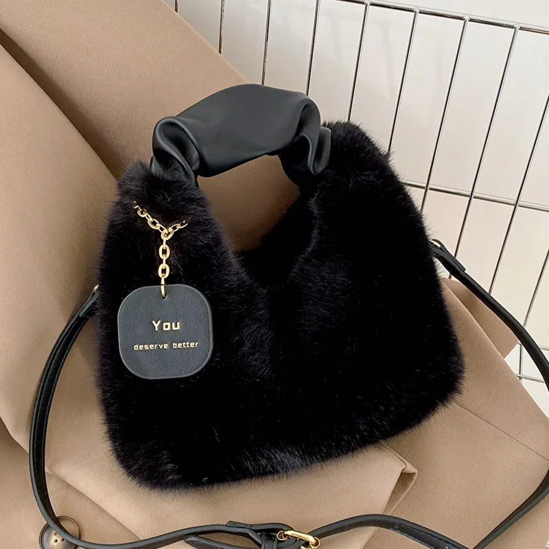Plush Shoulder Bags For Femme Soft Winter Ladies Purse Handbag Cute Fashion Female Party Underarm Bag Travel Messenger Purse