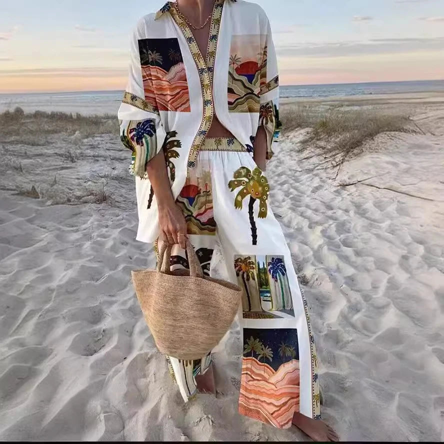 Casual Printed Two Piece Set Women Spring Summer New Fashion Comfort Holiday Button Long Sleeve Shirts And Wide Leg Pants 2 Sets