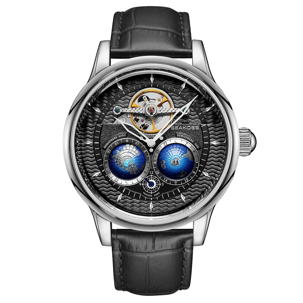 SEAKOSS Male Dual Earth Rotating Mechanical Men's Watch Automatic Movement Waterproof Clock Pilots 1963 Flywheel Wristwatches