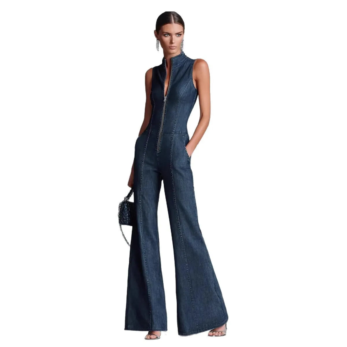 Streetwear Women's Denim Sleeveless Flare Jumpsuit, High Neck Front Zip Wide Leg Overalls Casual Cargo Denim Jumpsuit