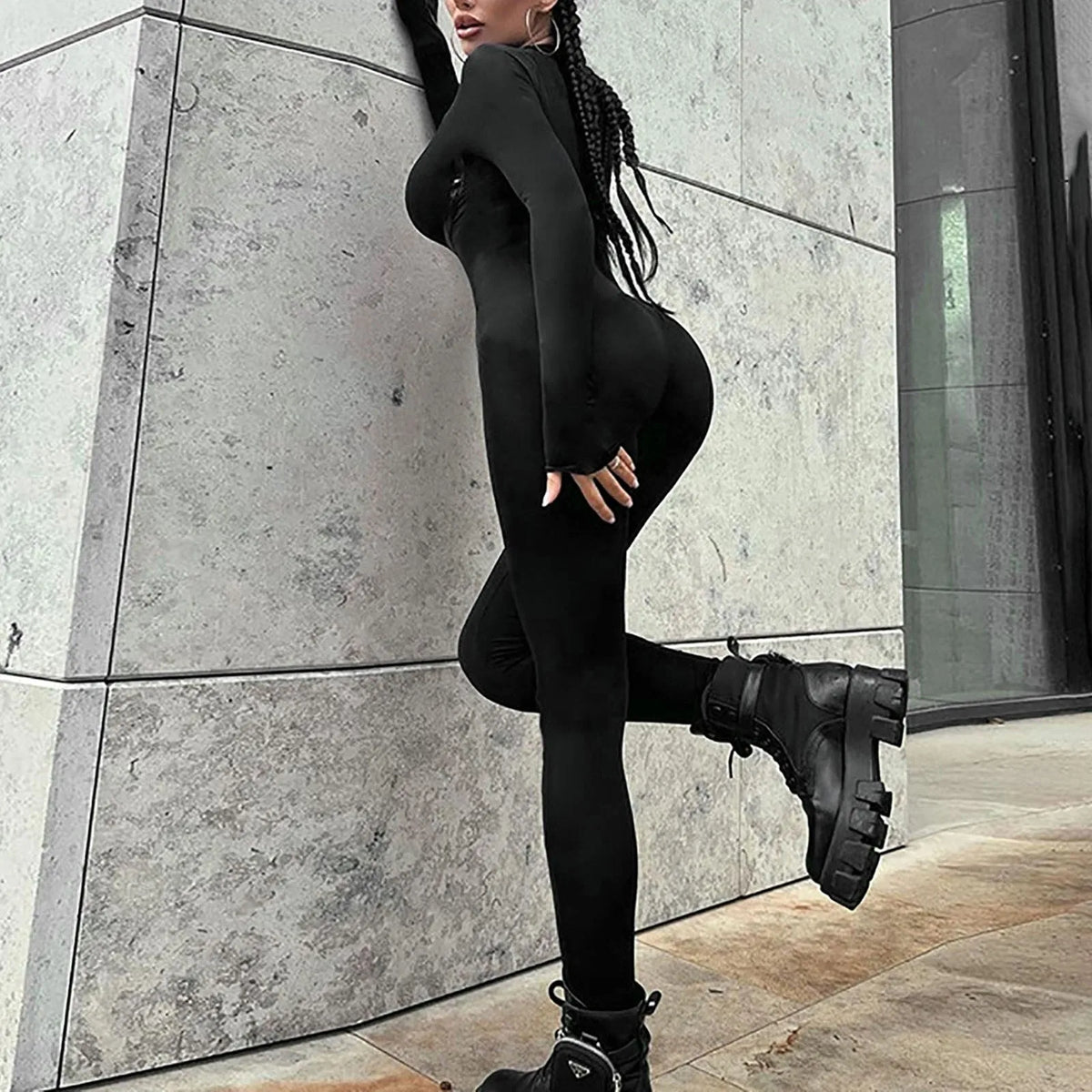 Black Sexy Skinny Jumpsuit Women Overalls O Neck Full Sleeve Zipper Sporty Jumpsuits Ladies Fashion Rompers One-Piece Streetwear - Kimlud