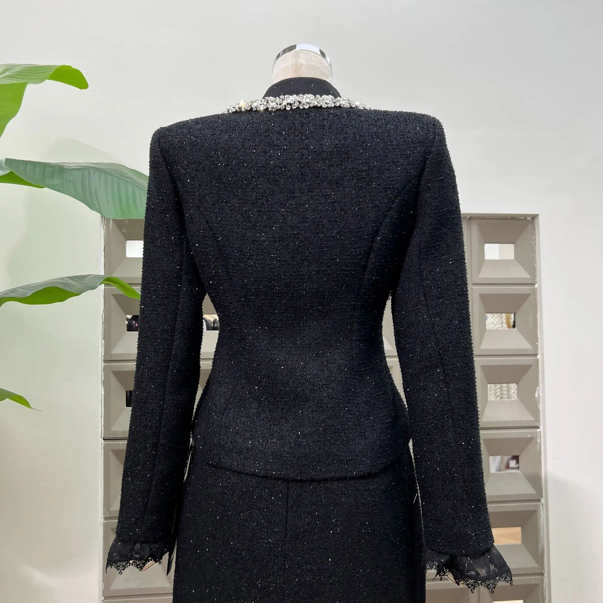 IEQJ Fashion Black 2 Piece Set Women Square Collar Diamonds Inlaid Short Jacket High Waist Skirt Suit Autumn New 3A556