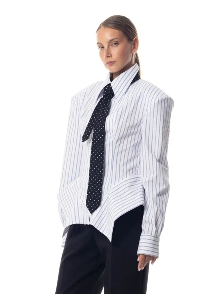Women's Collar Striped Shirt with Asymmetrical Hem and Waist Cinching 2026 Spring summer Fashionable Casual Office...