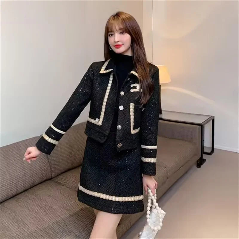 Female Xiaoxiang Style Short Jacket Tops Skirt 2 Piece Set Autumn Winter Lady Tweed Wool Jacket Mini Skirts 2PCS Women...