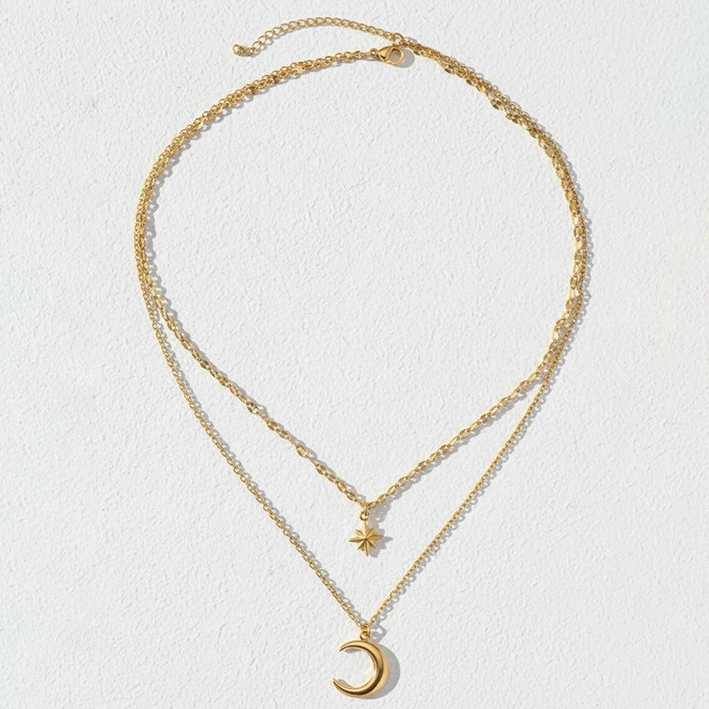 DOTIFI Stainless Steel Eight-Pointed Star Moon Pendant Double-Layer Necklace Women's Fashion Minimalist Commuter Chain Jewelry - Kimlud