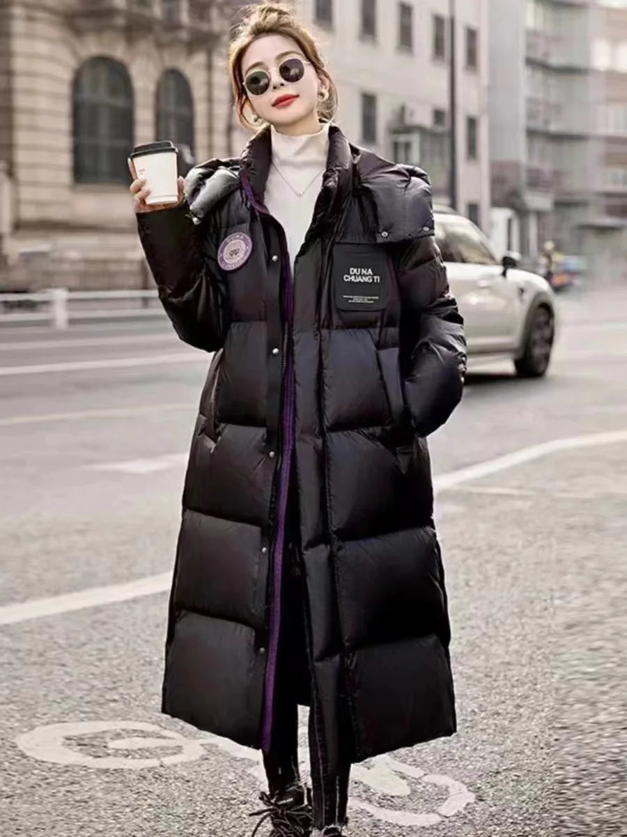 New Arrivals Winter White White Duck Down Hooded Long Puffer Jacket Thickened Warm Solid Color Fashion Windproof Down Jacket