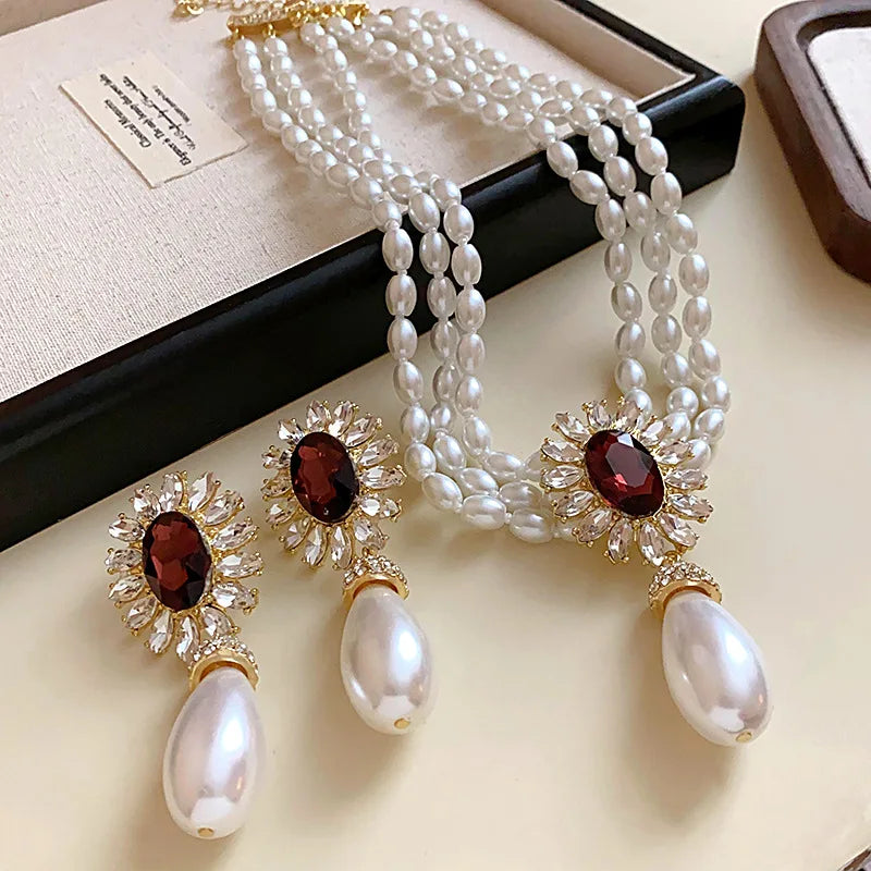 Flower Inlaid Rhinestone Drop Pearl Necklace Earring Set French Style Clavicle Chain Light Luxury Jewelry Sets for Women