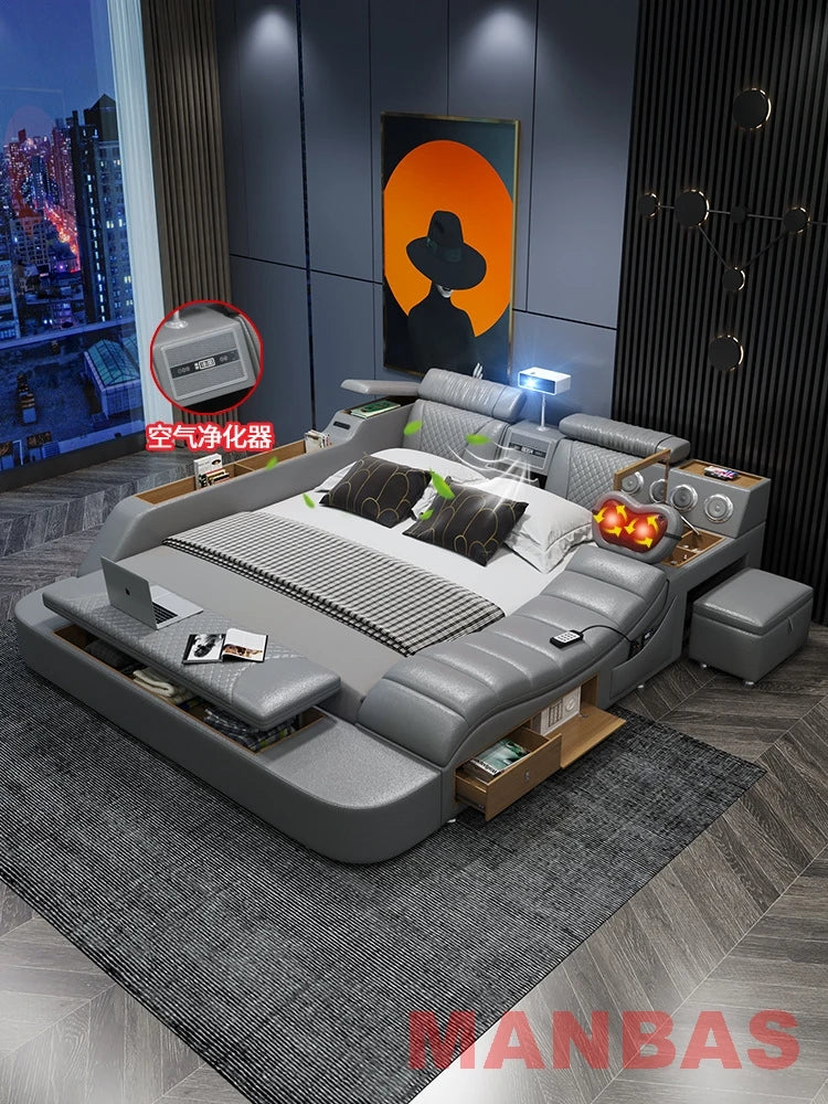 Modern Tech Smart Bed, King/Queen Size Genuine Leather Bed with Projector,USB, Speaker, Luxury Multifunction Bed, All In...