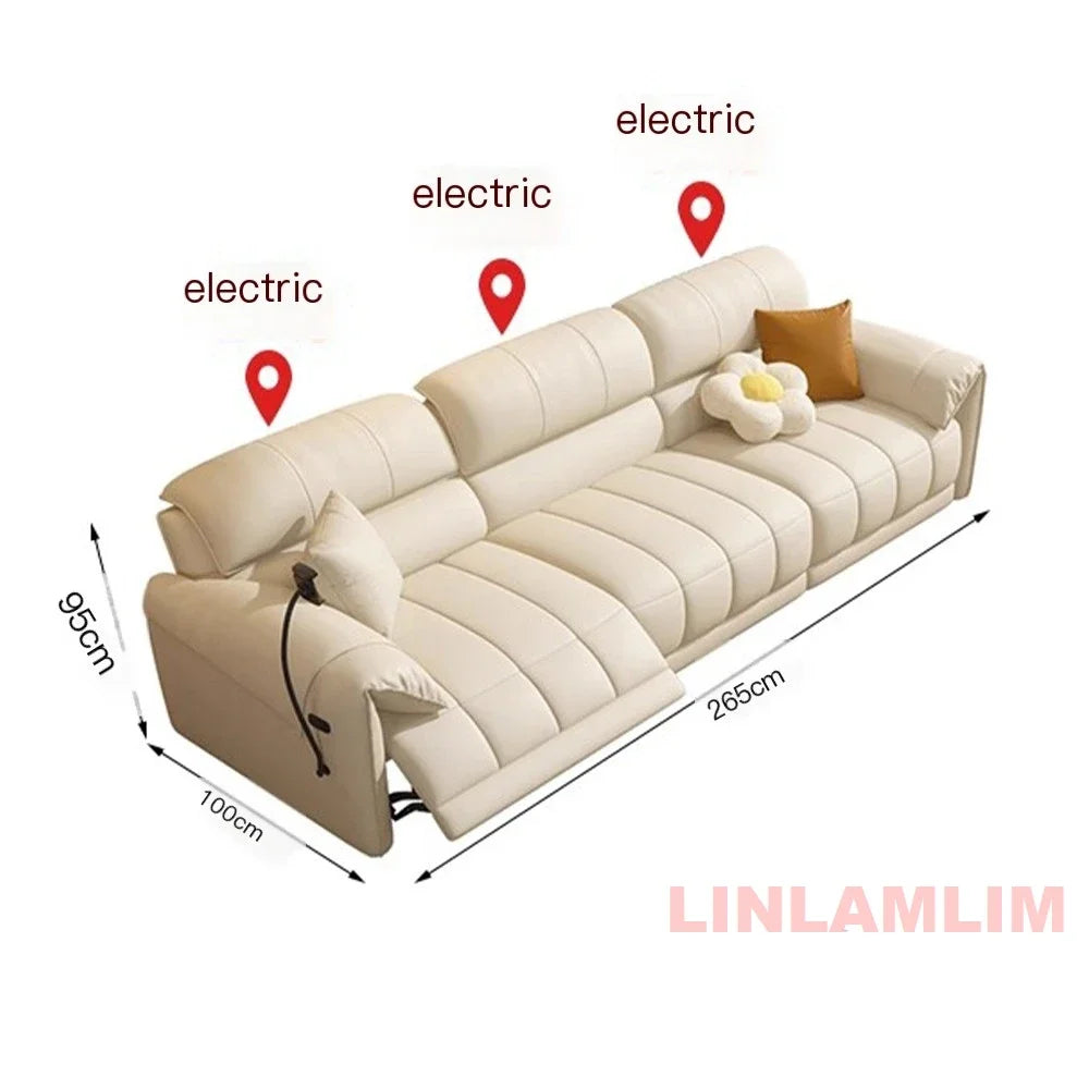 Modern Electric Reclining Sofa with Adjustable Footrest, USB, and Foldable Center Console – Italian Genuine Leather Power Sofa