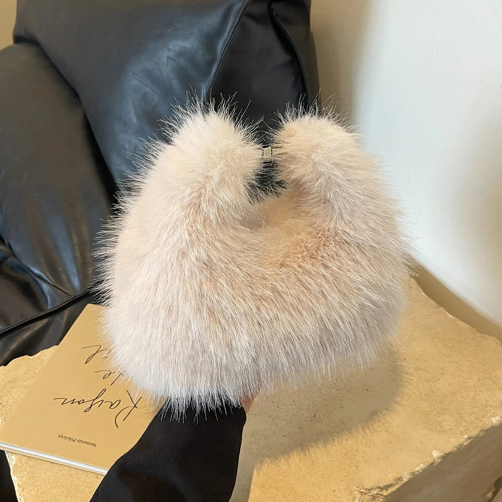 Women Faux Fur Shoulder Bag Adjustable Strap Fluffy Crossbody Bag Solid Color Handbag Hobo Bag for Travel Party