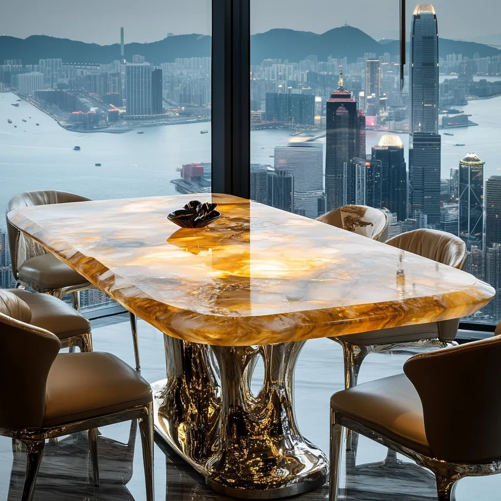 Premium natural marble square jade luxury stone dining table villa Italian light luxury style simple design home