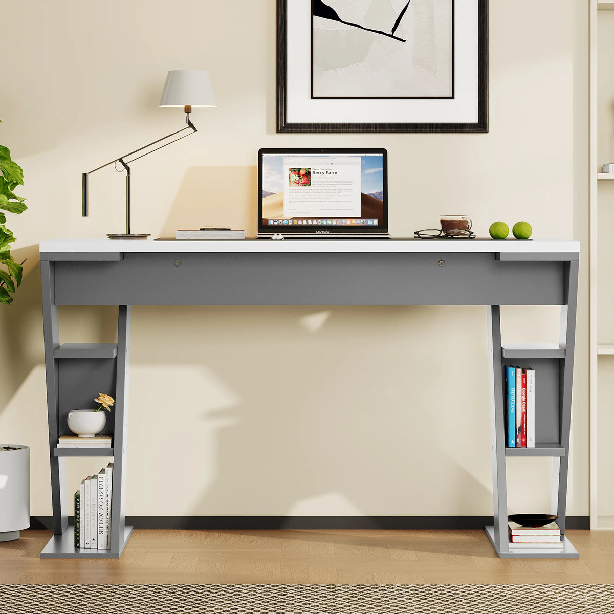 HOUSE SPOLE Computer table with X-shaped bracket, office table with 6 storage rack, Grey | Kimlud Office Luxury Table
