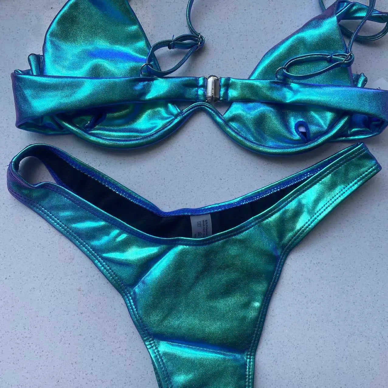 Sexy Triangle Bikini 2022 holographic Blue Push Up Extreme Thong Swimwear Brazilian Bandage Bathing Suit Swimsuit Micro Biquini - Kimlud