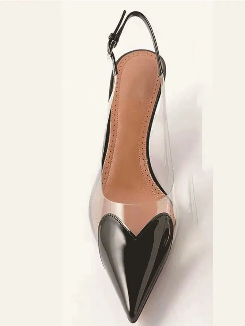 2025 New Pointy Peach Heart Fine Heel Shoes Sexy Pvc Transparent Film Black Patent Leather High Heel Overhead Sandals