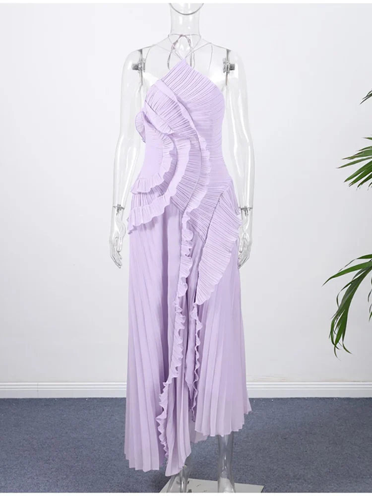 Sexy Halter Neck Pleated Ruffled Long Dress Women Pink Sleeveless Backless Lace-up Folds Slim Dresses Evening Party Gowns