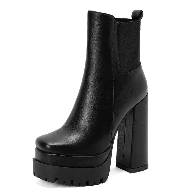 Women's Ankle Boots Platform Trends Black Short Boot Winter Autumn Leather Gothic Punk Heels Party Shoes Lady Large Size 45