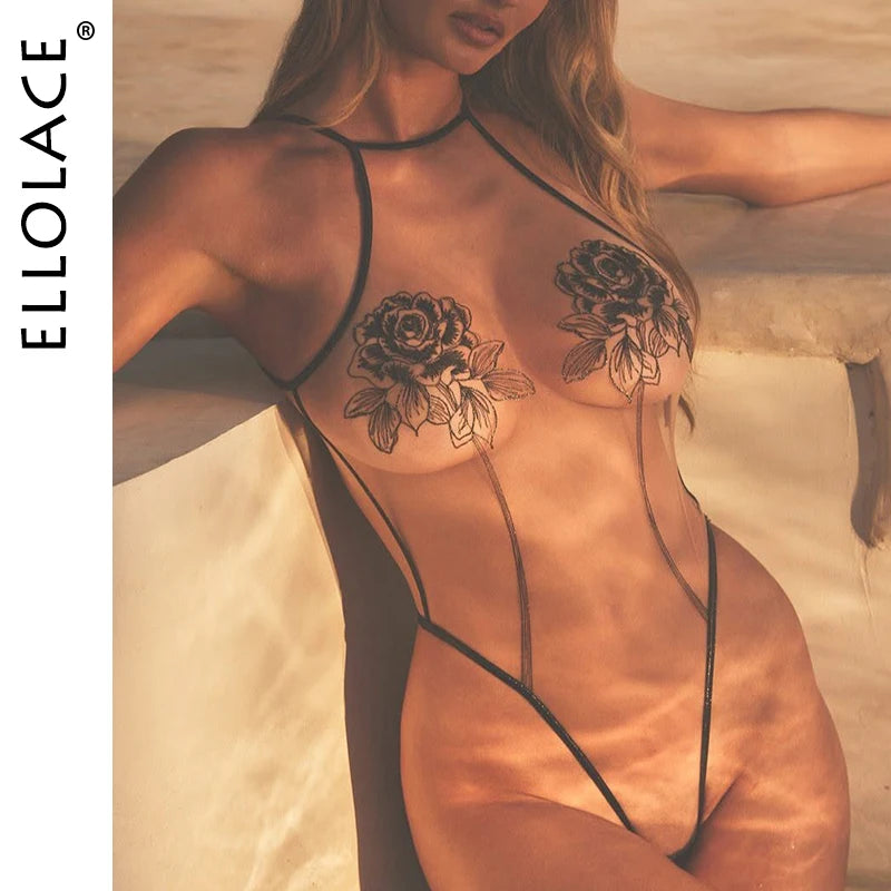 Ellolace Elegant Sexy Lingerie Fascinating Rose Sheer Backless Bodysuit Tempted Honey Body Erotic Allure Dildo Women's Clubwear