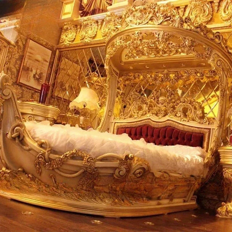 European-Style Wood Carved Double Bed Luxury Boat Style French Fabric Princess Villa Bedroom Furniture Bedroom Set Muebles - Kimlud