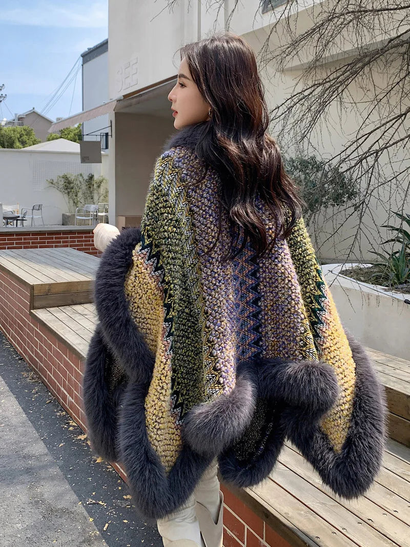 Novelty Vintage Fluffy Hollow Knit Cape Faux Fox Fur Trims Coat Poncho Women Autumn Winter Colorful Cloak Party Travel...
