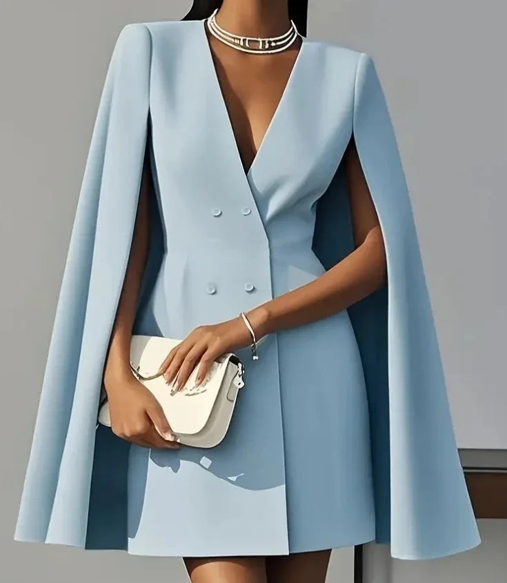 Women Dresses 2025 Spring Autumn New Commuting Double Breasted Shawl Cape Solid Color V-Neck Mini Dress Fashion Women's Clothing - Kimlud