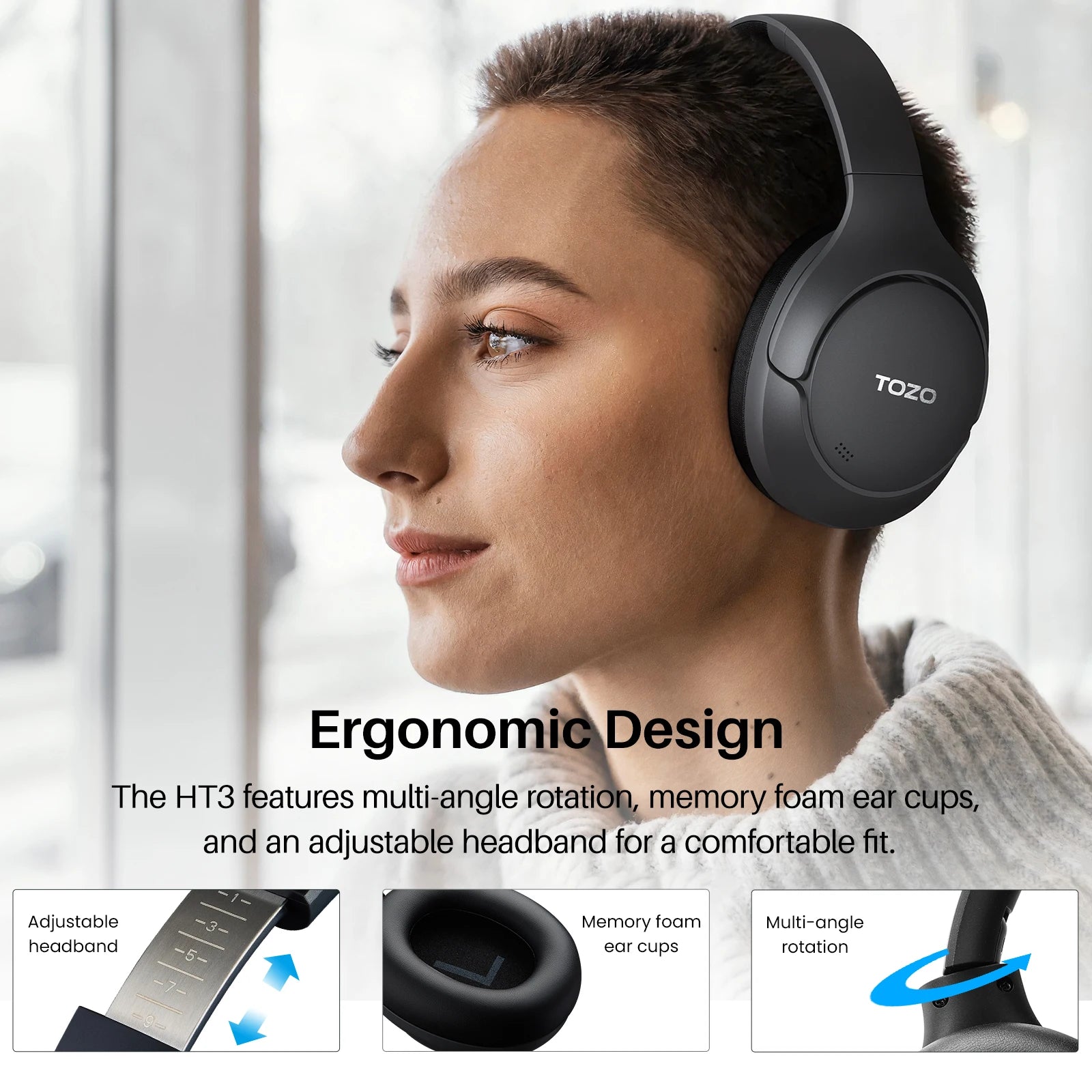 TOZO HT3 Headphones 2025 Autumn Winter AI Translater Headset Support APP Translate Over Ear Earphones Bluetooth Wired Connect
