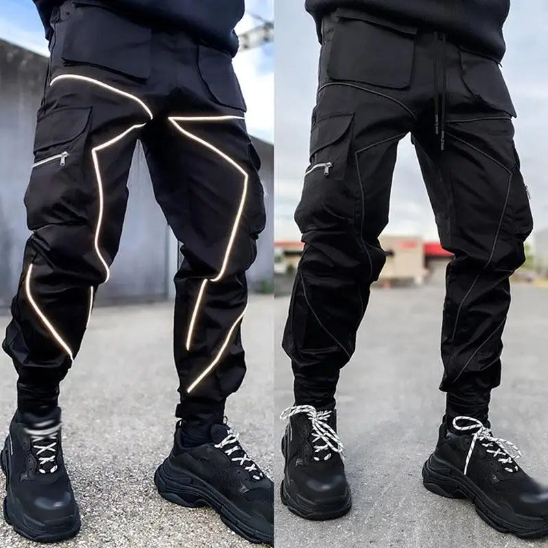 Mens Casual Black White Patchwork Cargo Pants Loose Plus Size Striped Multi Pocket Jogging Sports Fitness Hip Hop Jogger Trouser - Kimlud
