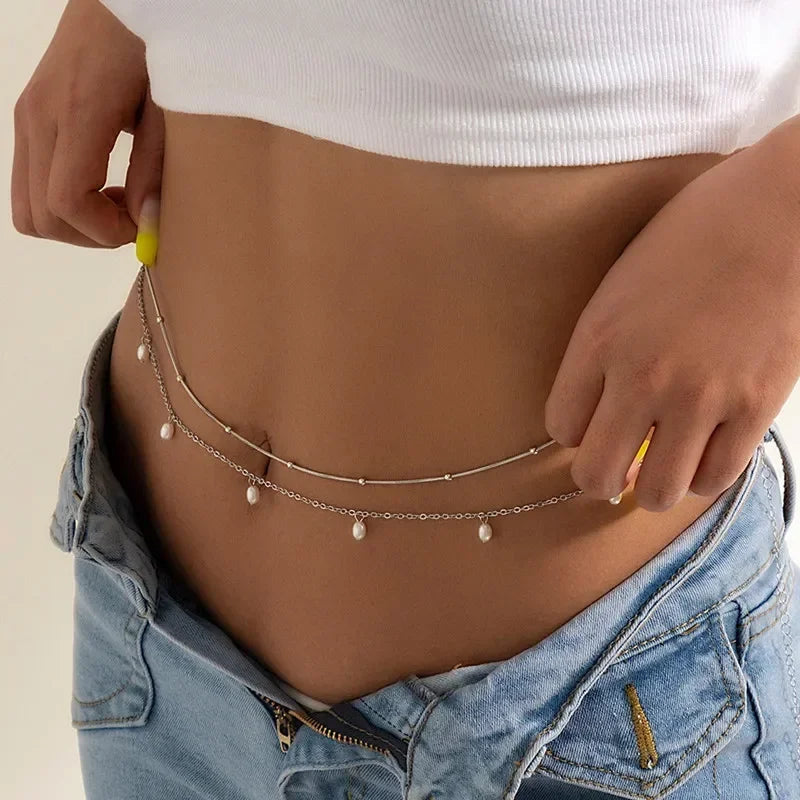 New Fashion Sexy Double Layer Pearl Chain for Women Waist Bead Belly Chain Belly Belt Summer Beach Body Jewelry Festival...