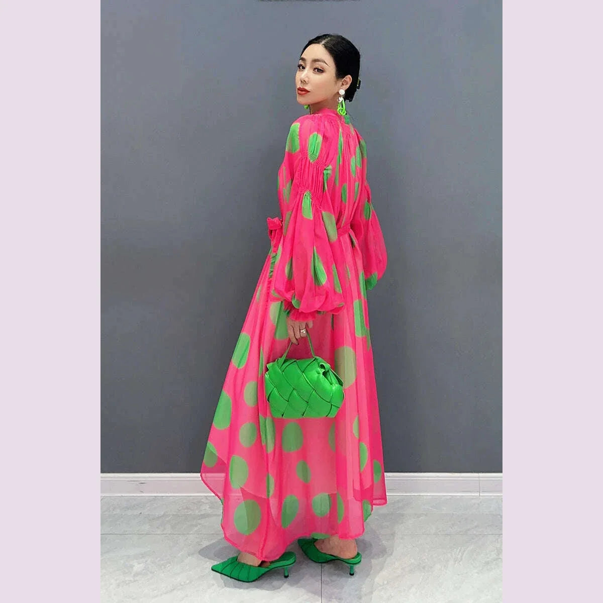 Vefadisa 2025 Summer New Dress Chiffon Printed Polka Dot Puff Sleeves V-neck Long Dress Loose And Elegant HLX007