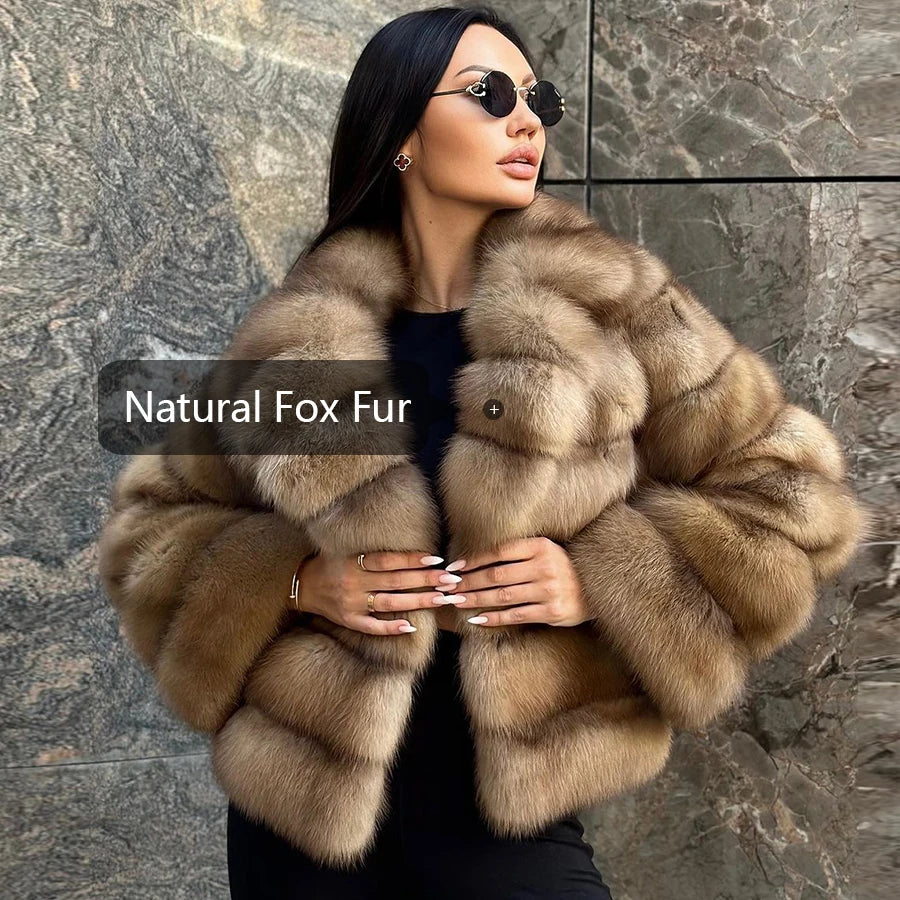 Women's Clothing Genuine Fox Fur Jacket Natural Fox Fur Fluffy Coat Lapel Luxury Brands Women Short Real Fur Coat