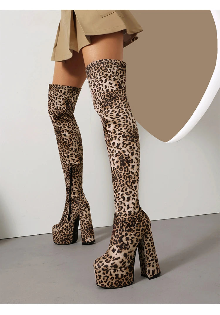 Plus Size High Platform Super Thick Heel Leopard Print Velvet Over The Knee Boots Roman Style Winter Sexy Long Boots