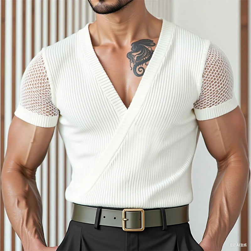 INCERUN Men T Shirt Mesh Patchwork V Neck Short Sleeve Male Tee Tops Summer Streetwear 2025 Fashion Casual Men Clothing S-5XL - Kimlud